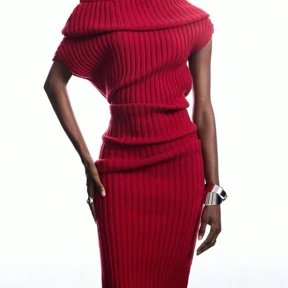 Red Elegant Women's Asymmetric One-Shoulder Knit Cowl Neck Dress - Picture 3 of 7